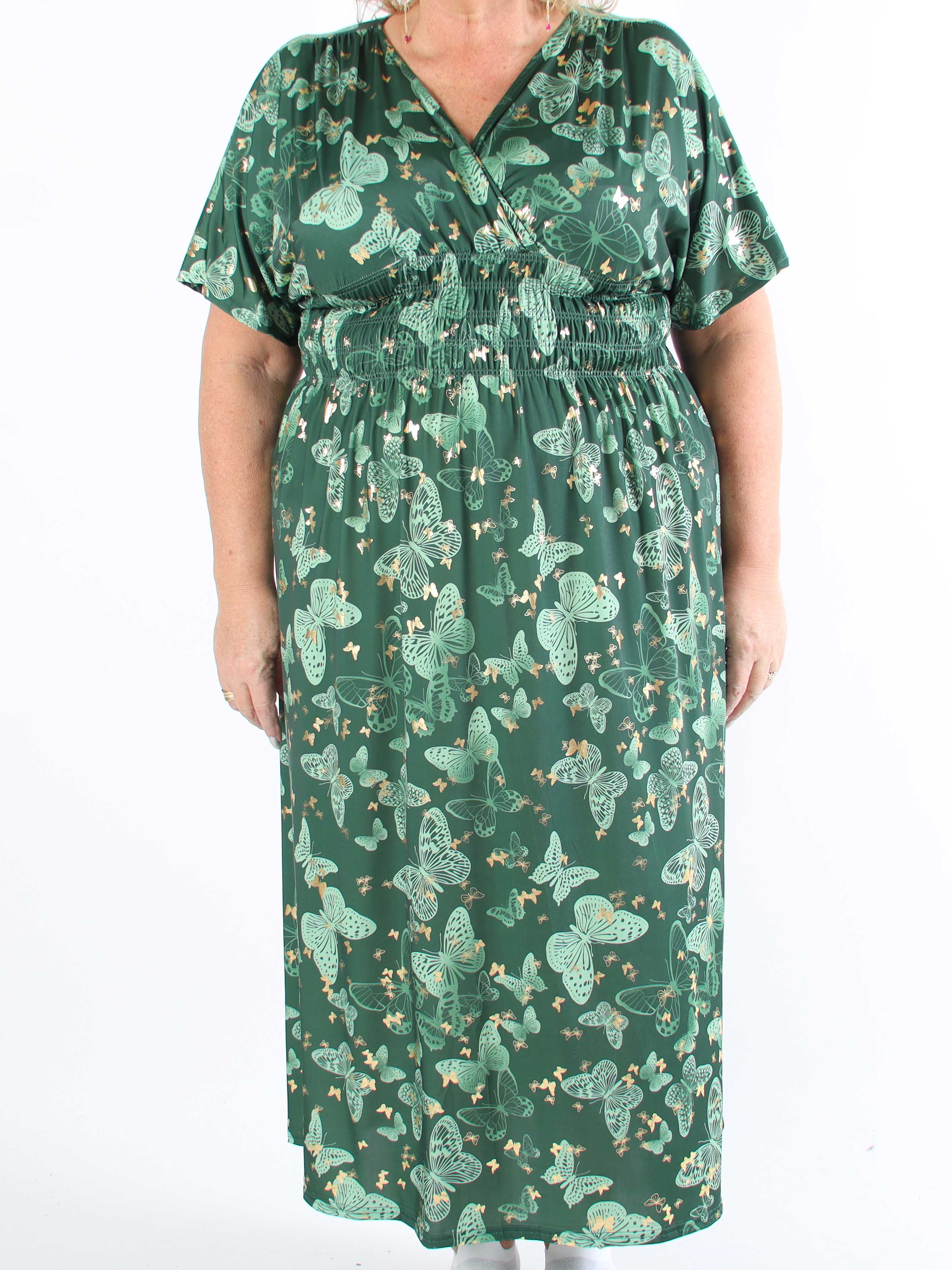 Pams Butterfly - Lång elastisk plus size-klänning med smockad midja